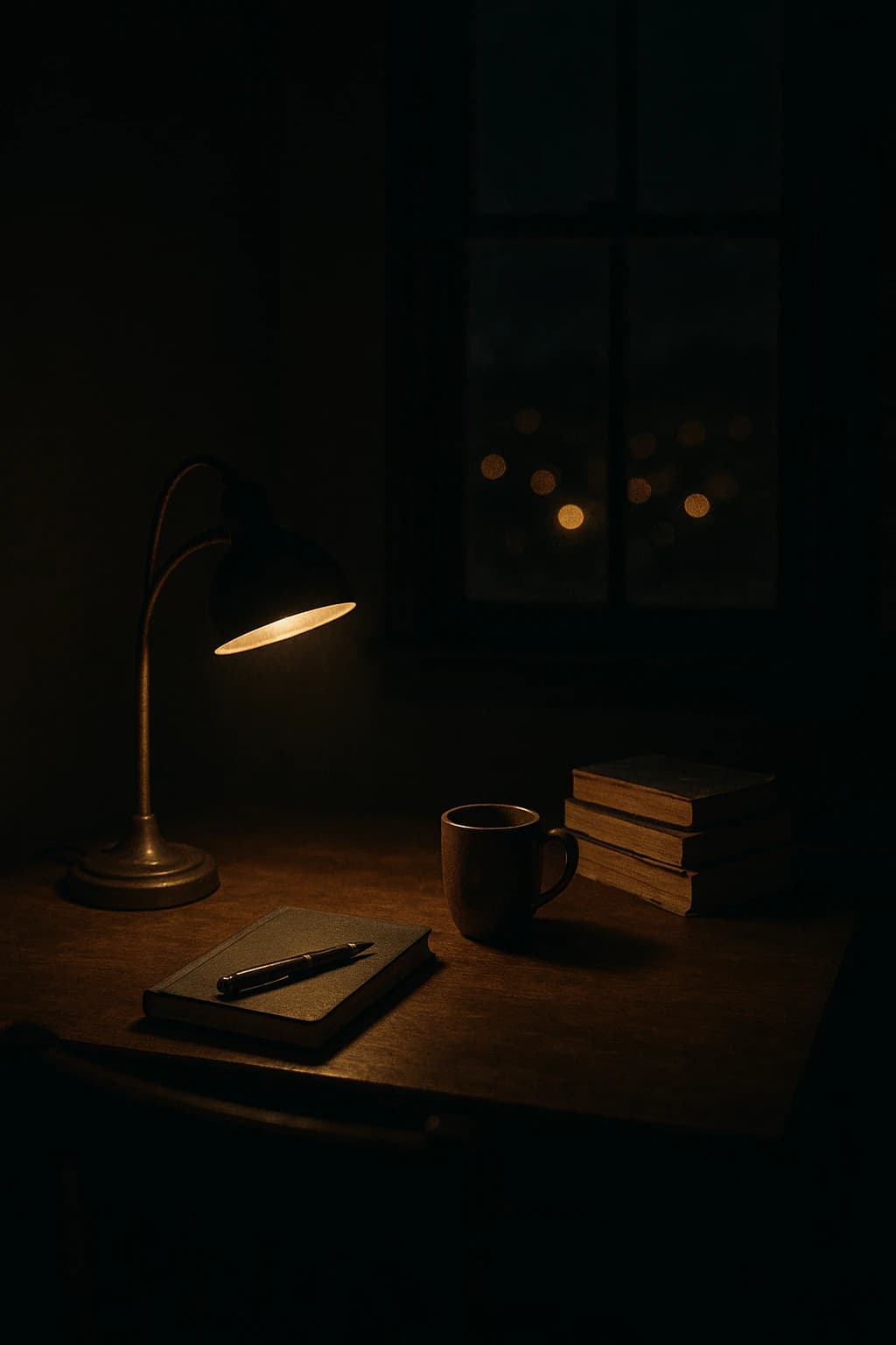 A writer's desk at night, warm lamp on a closed notebook