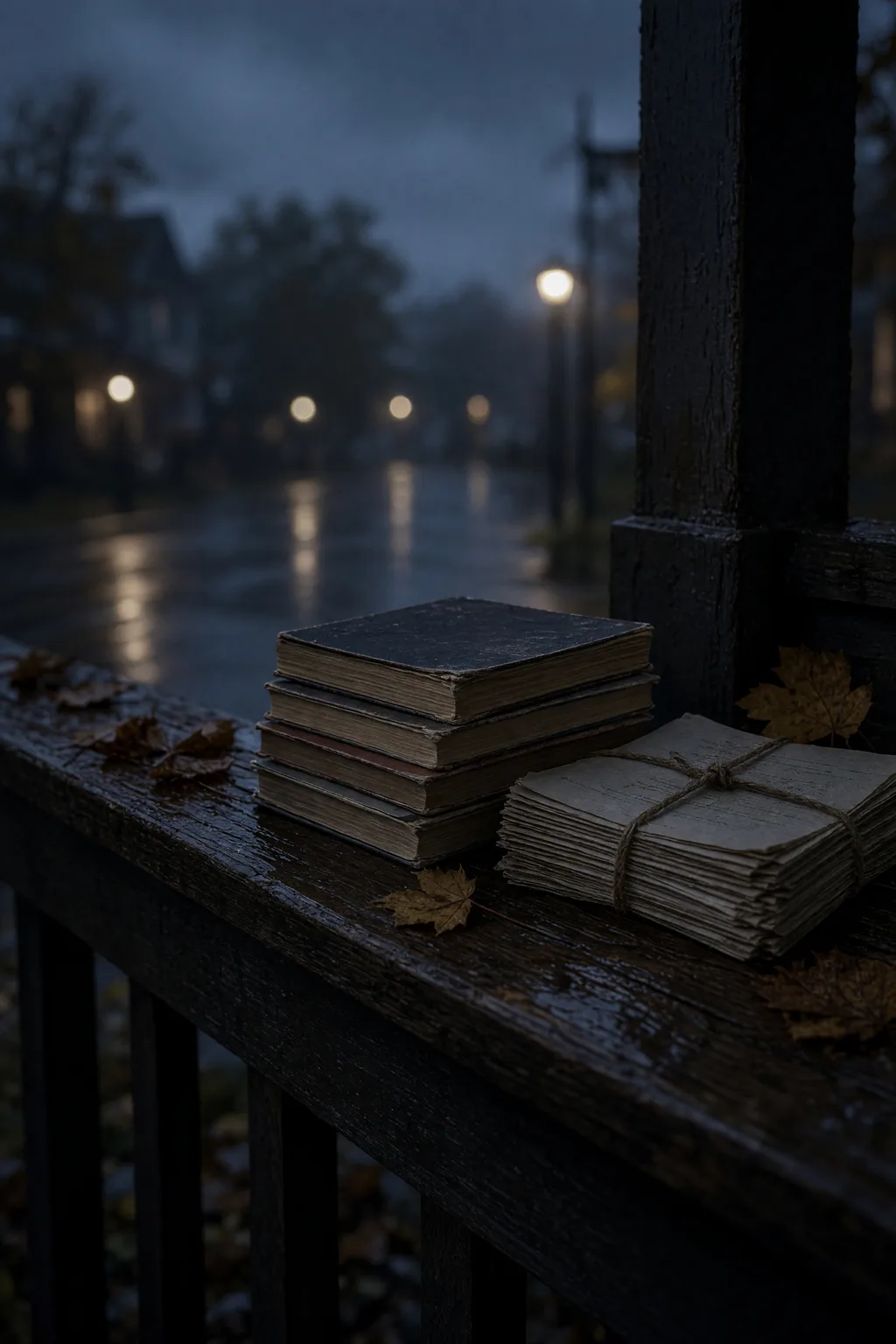 A writer's desk at night, warm lamp on a closed notebook
