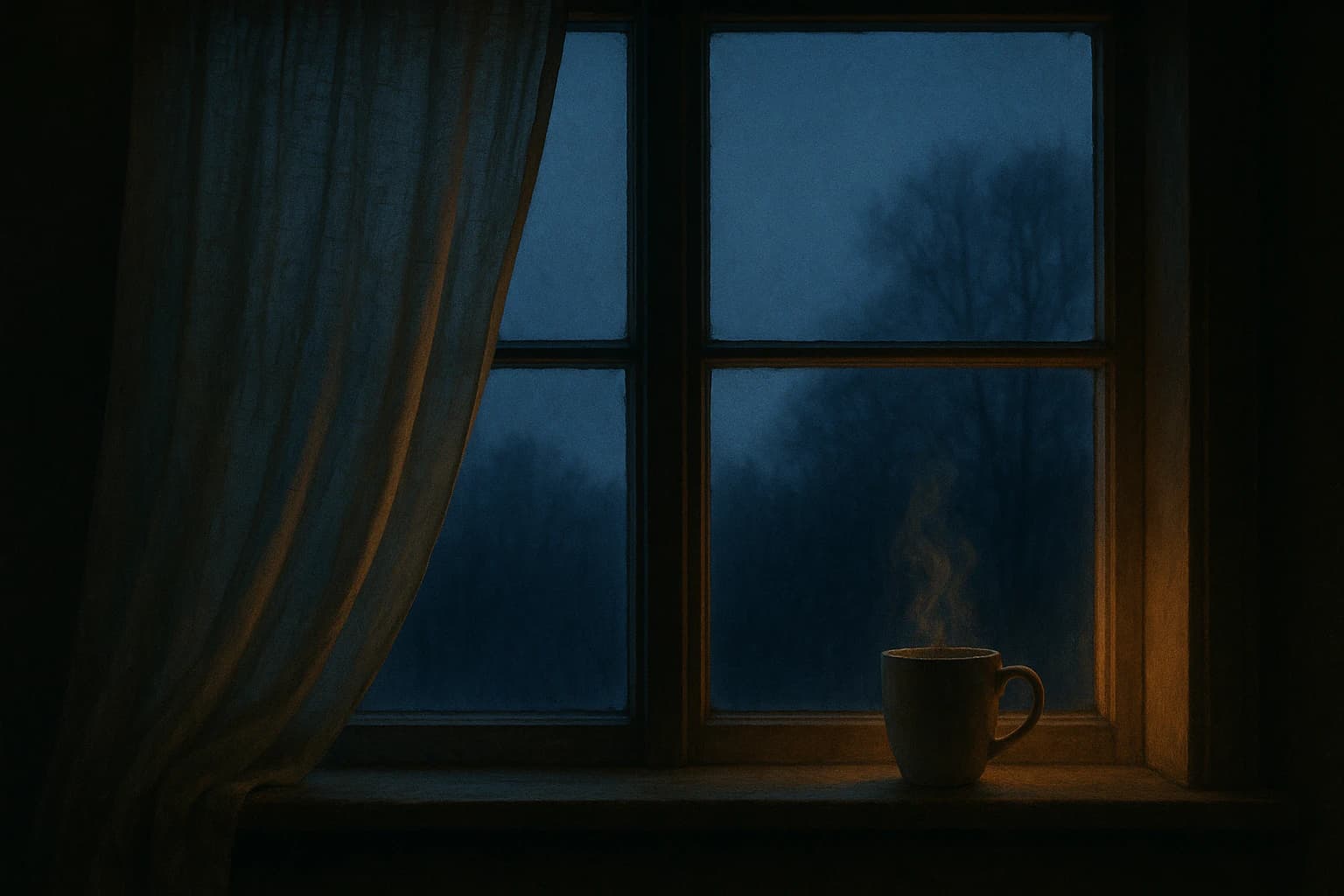 Soft dawn light through a window, a steaming mug on the sill, warm and still