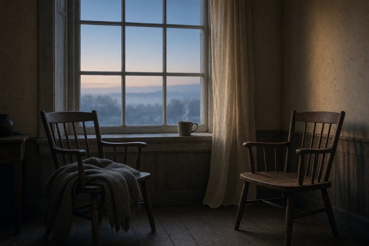 Soft dawn light through a window, a steaming mug on the sill, warm and still